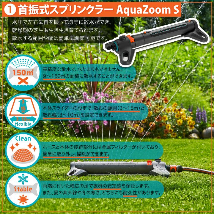 GARDENA 首振式スプリンクラー Aqua Zoom S ホース＆コネクターセット