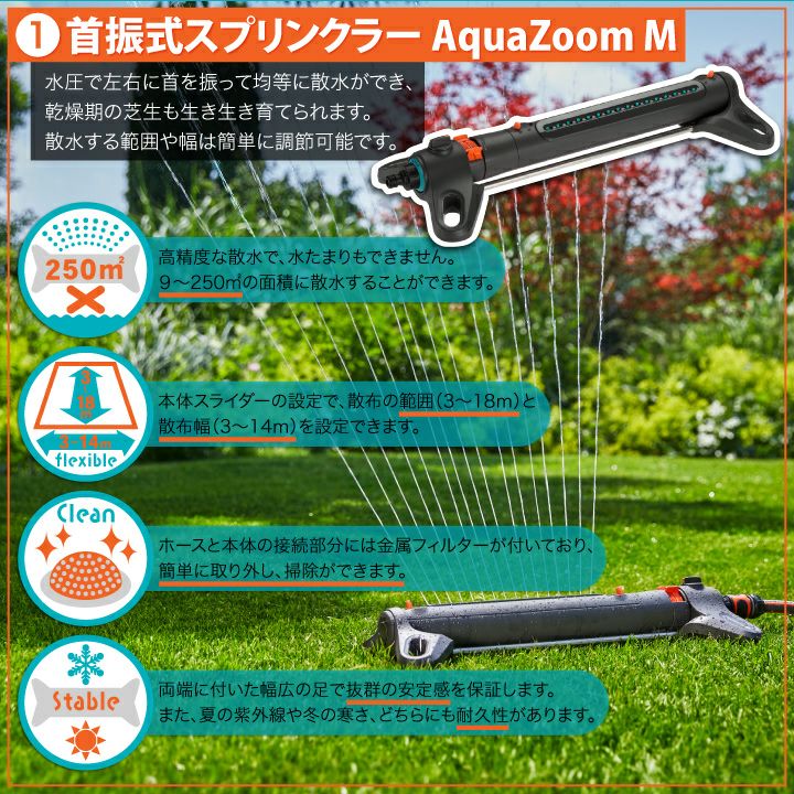 GARDENA 首振式スプリンクラー Aqua Zoom M ホース＆コネクターセット